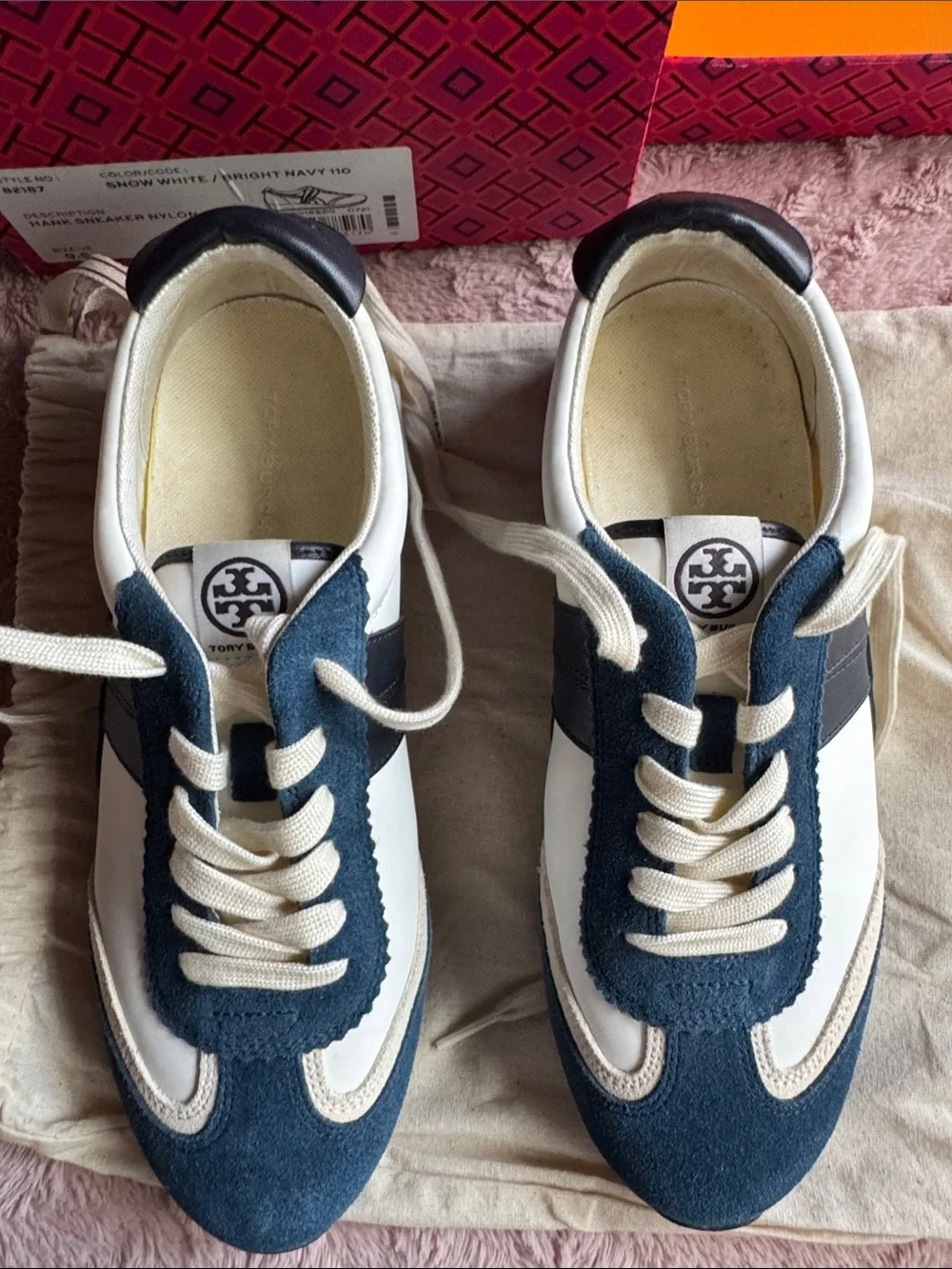 Tory Burch Navy, White & Cream Suede Lace-Up Sneakers
